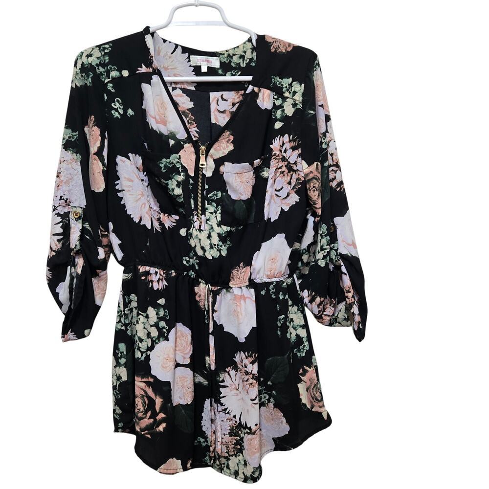Stella Tweed Floral Zip Front Tunic Dress Black Pink Size